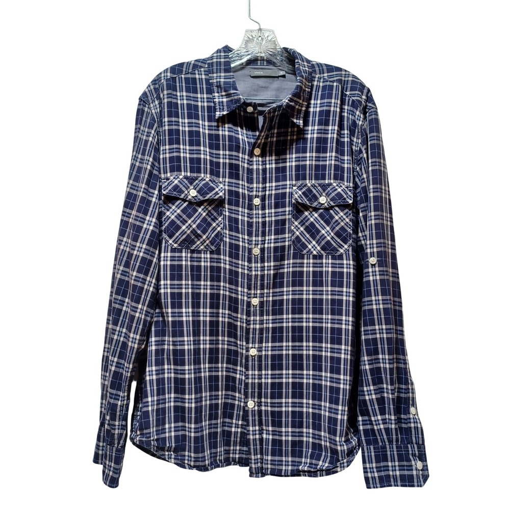 Vince Womens XL Roll Tab Sleeve Plaid Button Up Shirt Navy Blue Preppy Layering